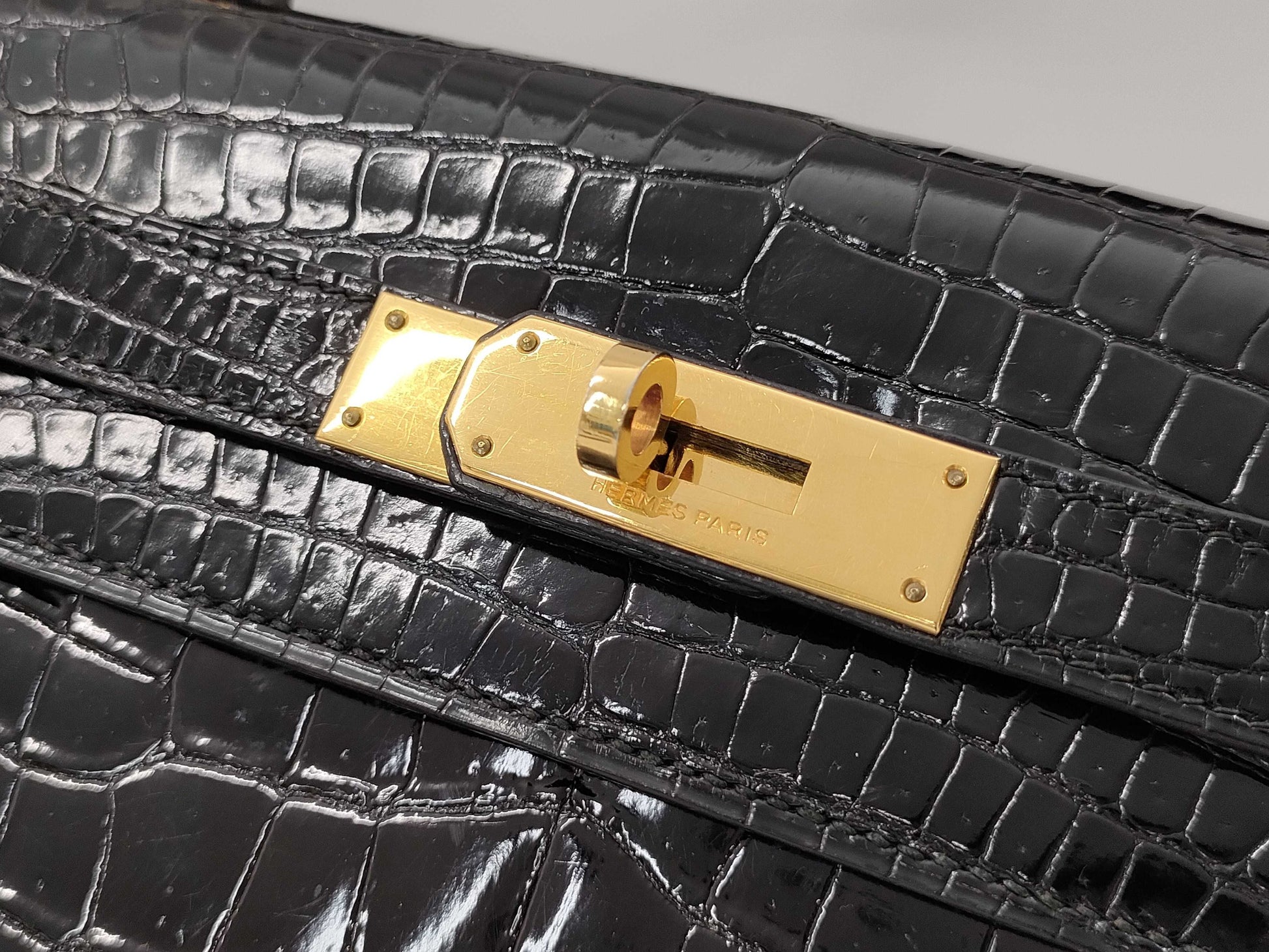 HERMES Kelly 28 Black Handbag with Gold Hardware and G Stamp