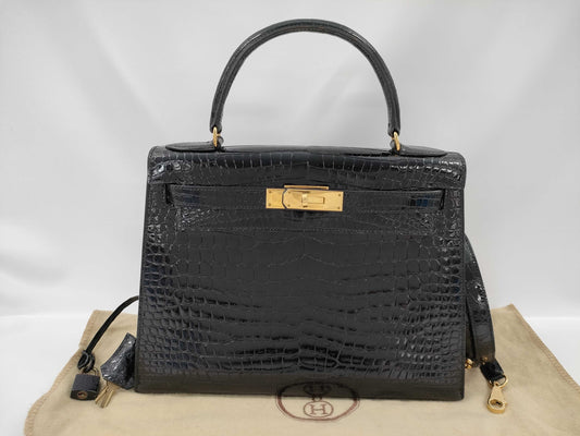 HERMES Kelly 28 Black Handbag with Gold Hardware and G Stamp