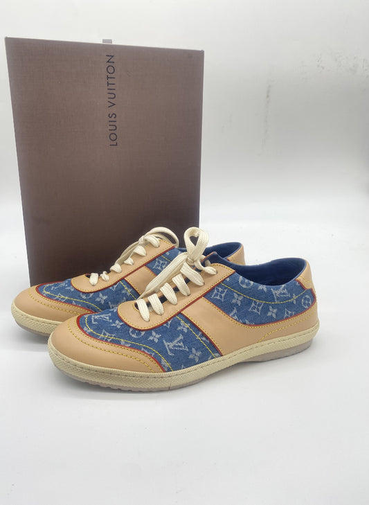 LOUIS VUITTON Denim Monogram Sneakers 37cm with Box