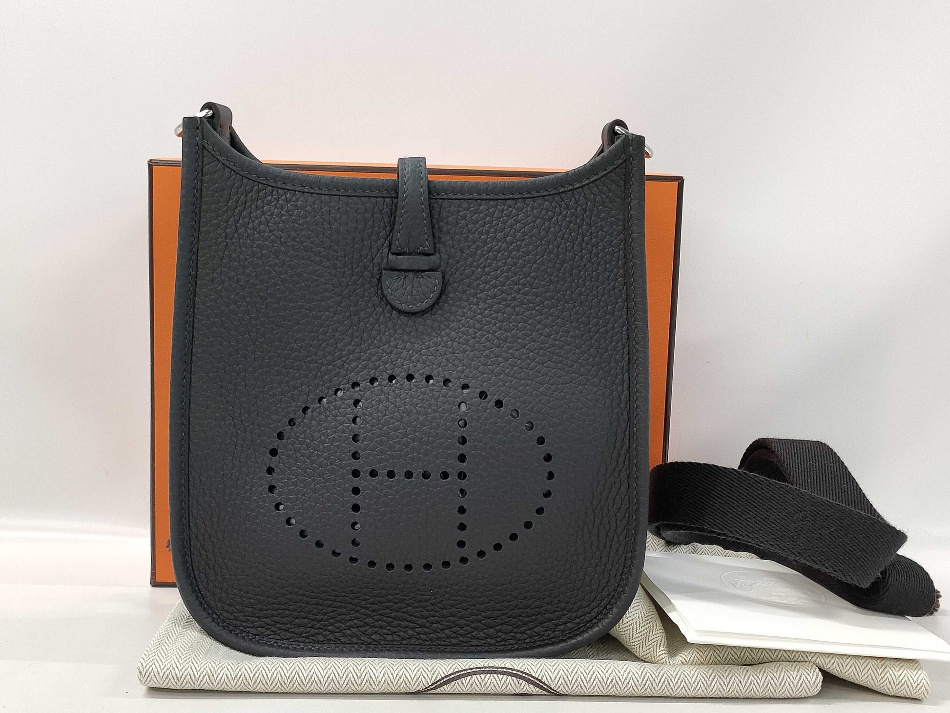 HERMES Evelyn Mini Amazone 16 TPM Shoulder Bag, Navy Blue, Silver Hardware, Stamped with K Stamp