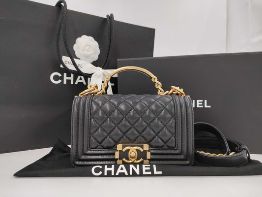 CHANEL Matelasse Top Handle Boy Caviar Black Handbag with Gold Hardware and Serial Number Plate