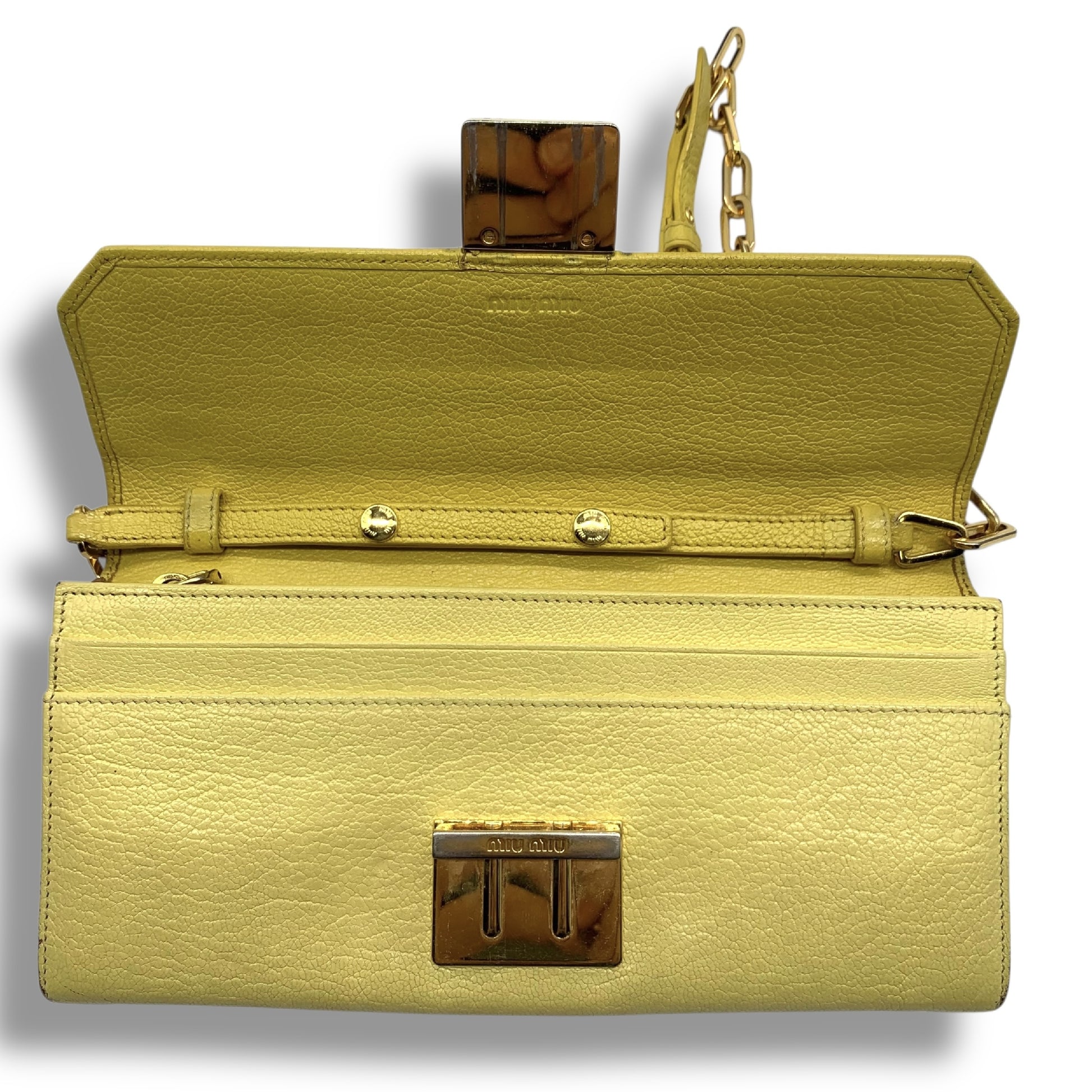 Miu Miu All Leather Chain Wallet Yellow