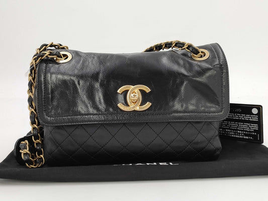 CHANEL Shoulder Bag Chain Shoulder Black Coco Mark Turn Lock Lambskin Matelasse