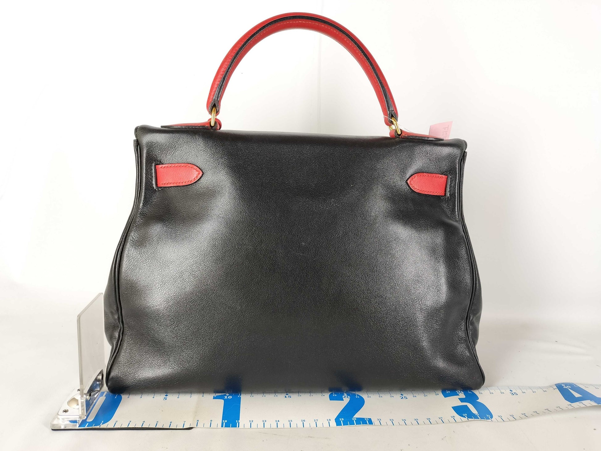 HERMES Kelly 32 Noir Shoulder Bag in Black and Red Calfskin with GP Hardware 
