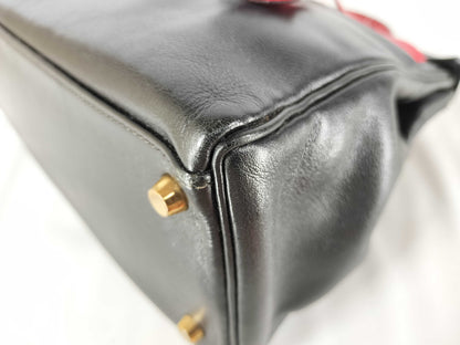 HERMES Kelly 32 Noir Shoulder Bag in Black and Red Calfskin with GP Hardware 