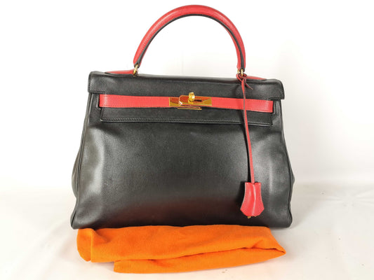 HERMES Kelly 32 Noir Shoulder Bag in Black and Red Calfskin with GP Hardware 