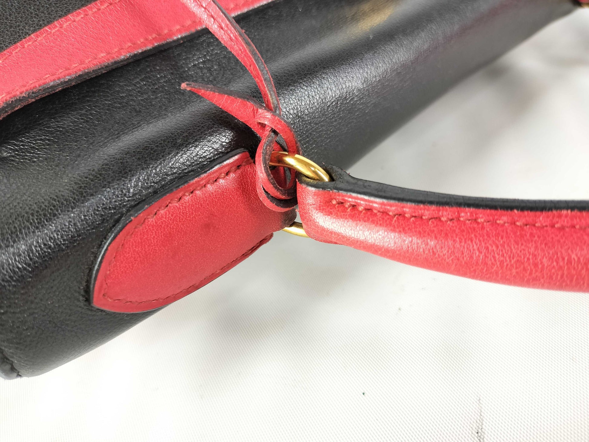 HERMES Kelly 32 Noir Shoulder Bag in Black and Red Calfskin with GP Hardware 