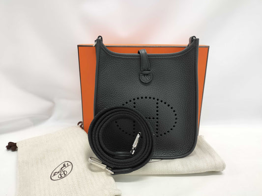 HERMES Evelyn TPM Shoulder Bag, Black, Silver Hardware, Taurillon Clemence Leather, K Stamp, Instructions, Receipt