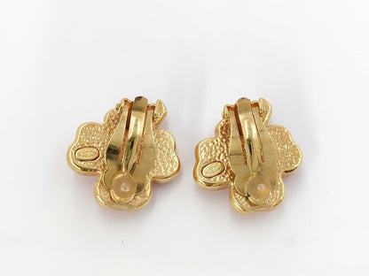 CHANEL Clover Coral x Gold YG Earrings