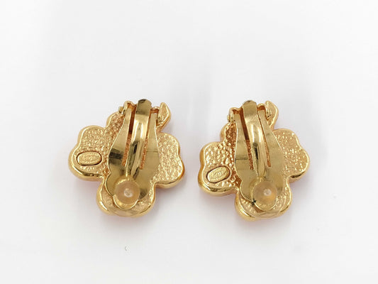 CHANEL Clover Coral x Gold YG Earrings