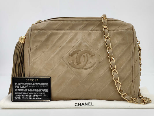 CHANEL Lamb Diagonal Stitch Fringe Chain Shoulder Bag with Sticker Card