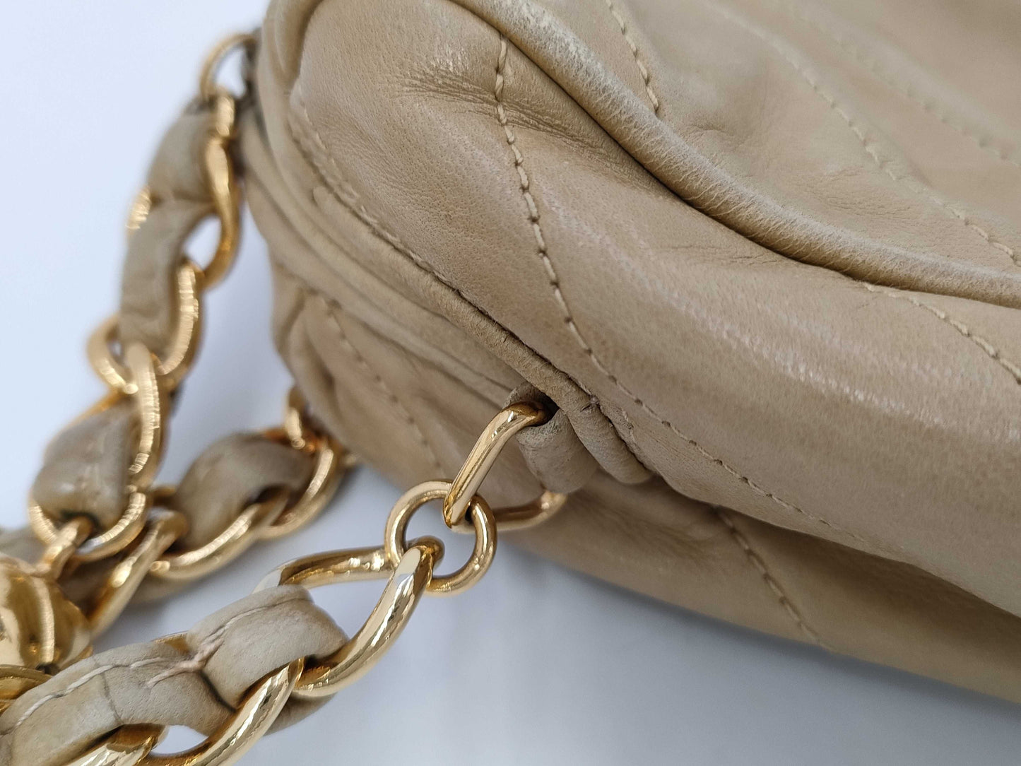 CHANEL Lamb Diagonal Stitch Fringe Chain Shoulder Bag with Sticker Card