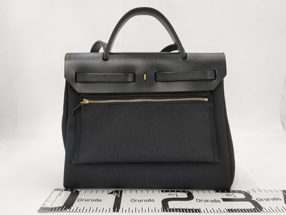 HERMES Airbag Zip 31PM Toile Officier Vache Hunter Black GP Z Stamp Shoulder Bag