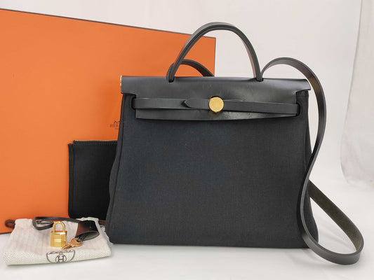 HERMES Airbag Zip 31PM Toile Officier Vache Hunter Black GP Z Stamp Shoulder Bag