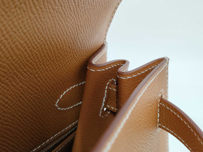 HERMES Kelly 28 Epsom Gold with Silver Hardware and Silver-Tone W Stamp