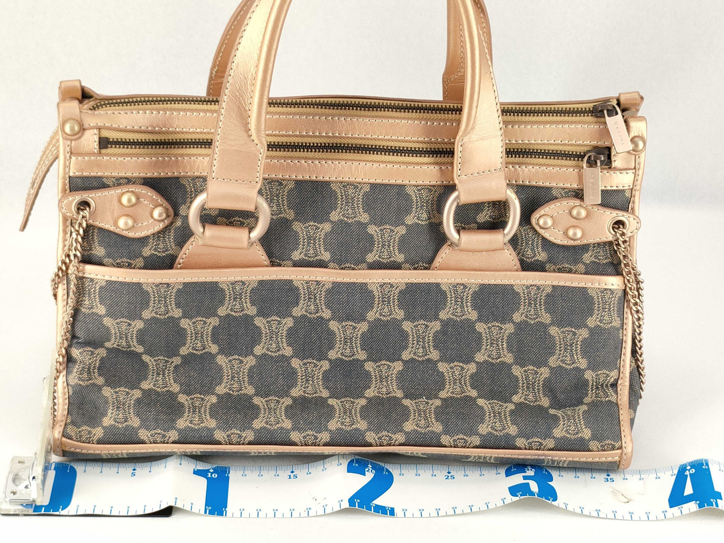 CELINE Macadam Denim Leather Handbag in Gray and Bronze