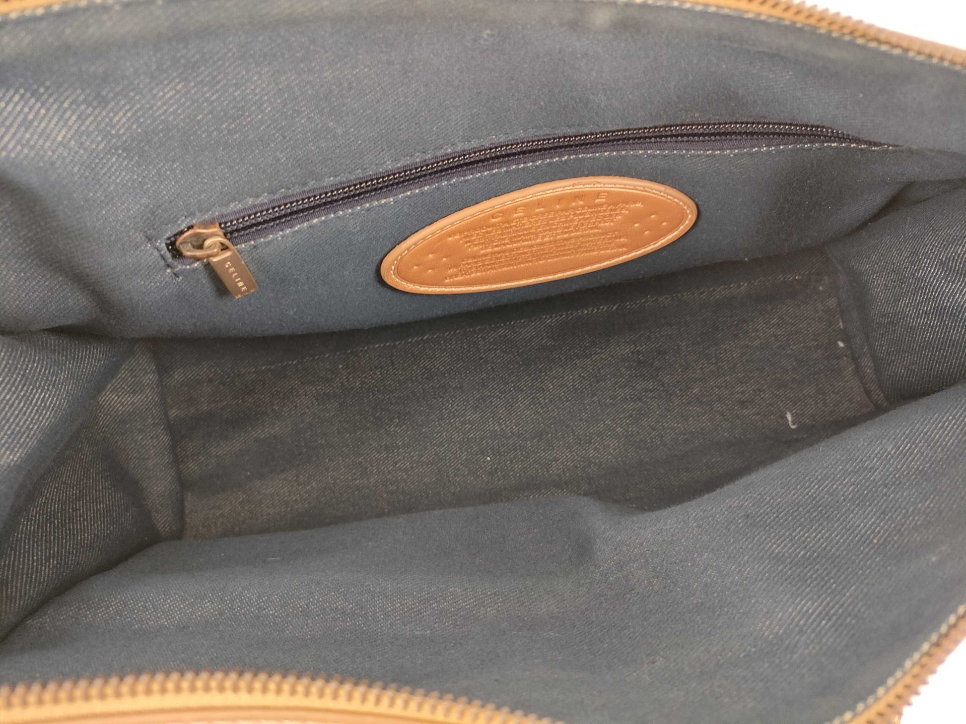 CELINE Macadam Denim Leather Handbag in Gray and Bronze