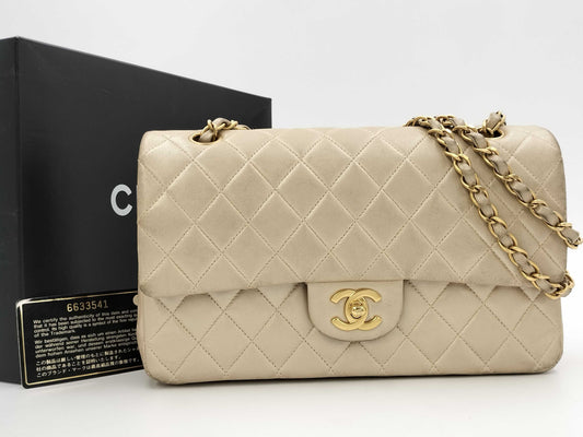 CHANEL Matelasse Lamb Double Flap 25 Shoulder Bag with Seal and Card
