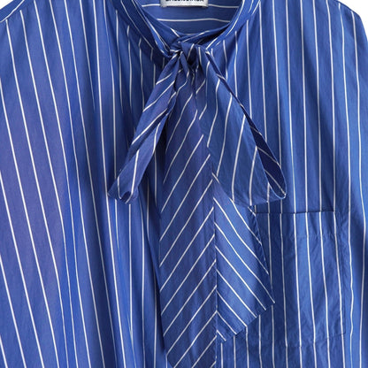 BALENCIAGA Women's Blue Oversized Long Sleeve Shirt with Ribbon Tie, Back Logo, and Stripes