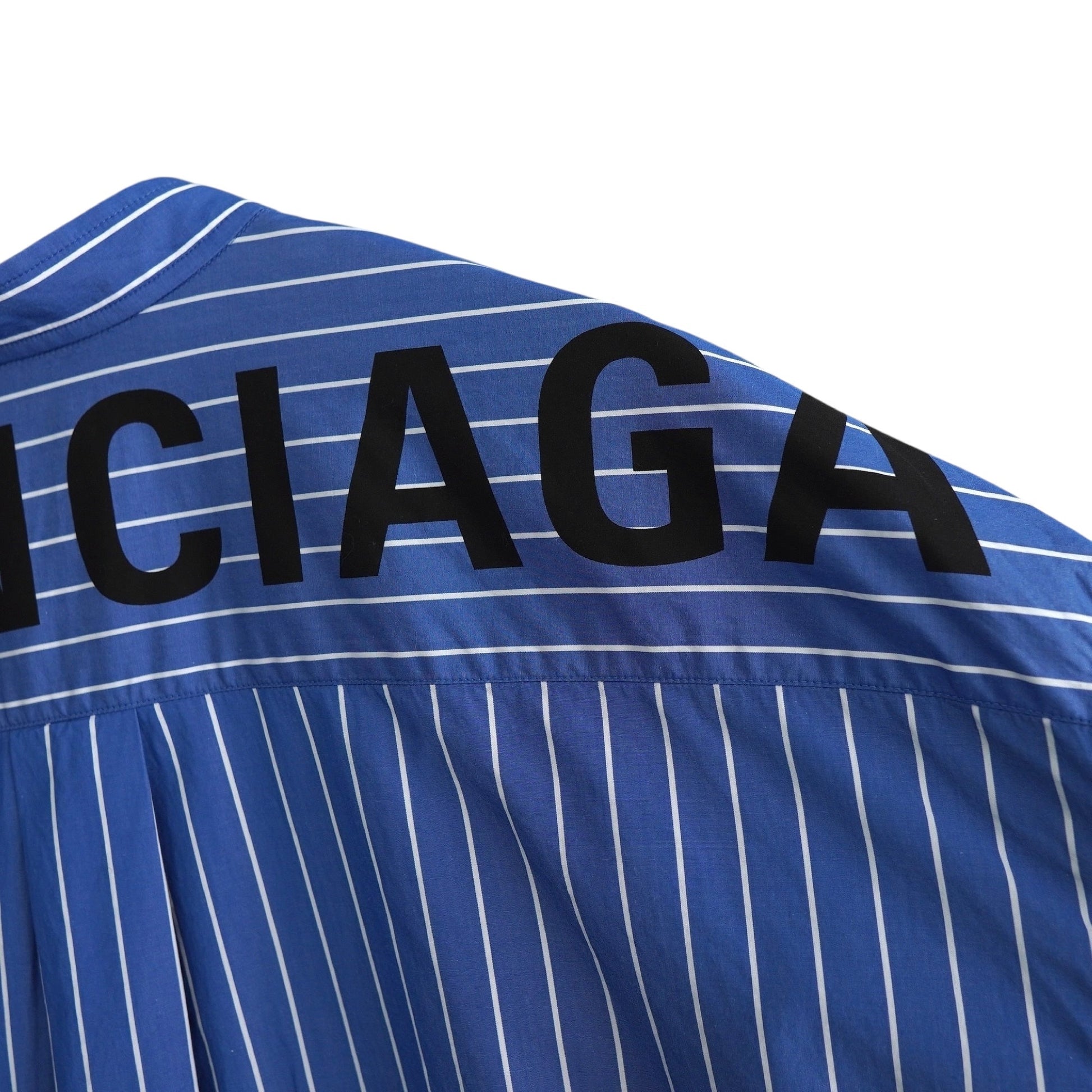 BALENCIAGA Women's Blue Oversized Long Sleeve Shirt with Ribbon Tie, Back Logo, and Stripes