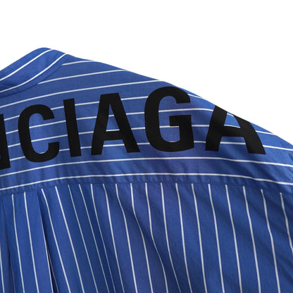 BALENCIAGA Women's Blue Oversized Long Sleeve Shirt with Ribbon Tie, Back Logo, and Stripes