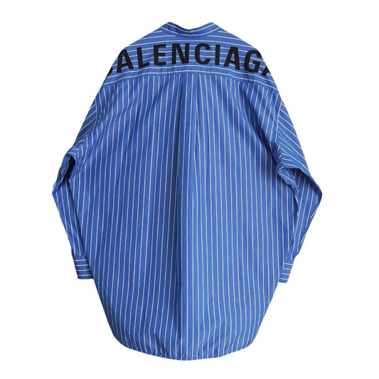 BALENCIAGA Women's Blue Oversized Long Sleeve Shirt with Ribbon Tie, Back Logo, and Stripes
