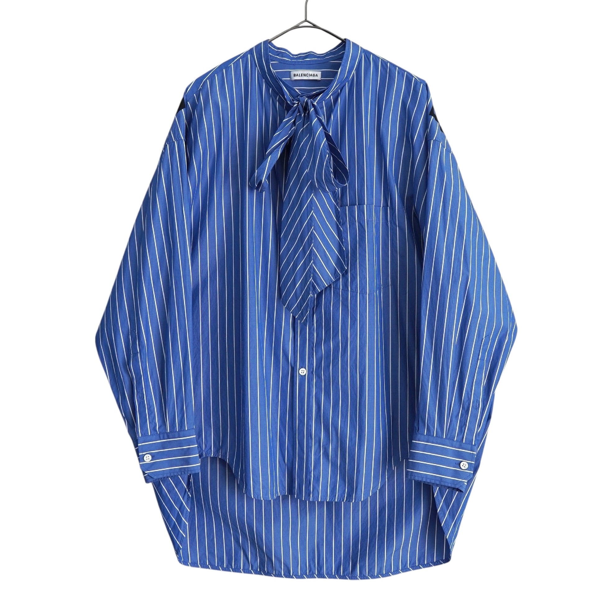 BALENCIAGA Women's Blue Oversized Long Sleeve Shirt with Ribbon Tie, Back Logo, and Stripes