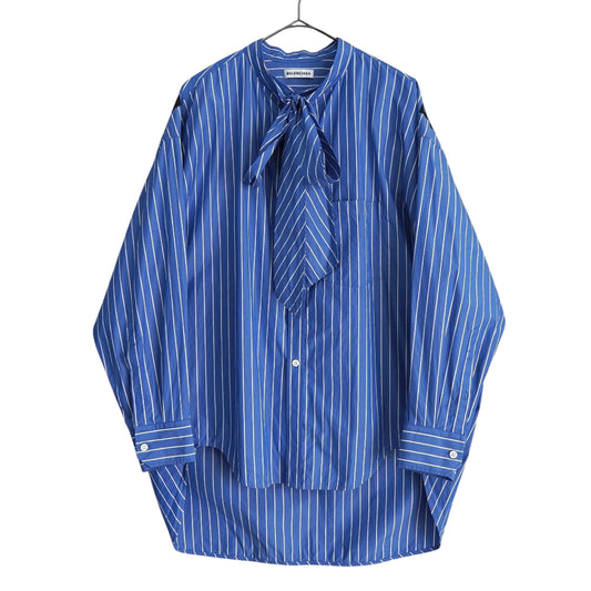 BALENCIAGA Women's Blue Oversized Long Sleeve Shirt with Ribbon Tie, Back Logo, and Stripes