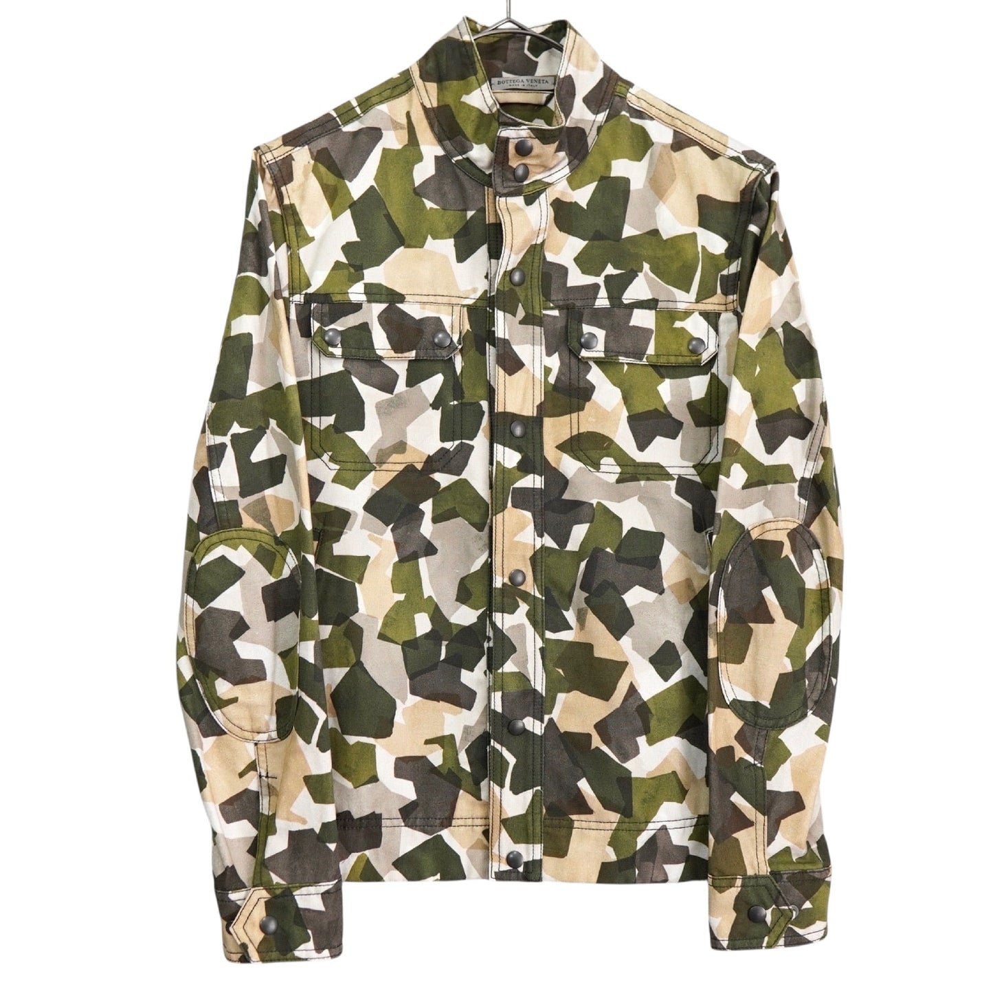 BOTTEGA VENETA Camouflage Stand Collar Cotton Jacket, Khaki/Beige, Size 46