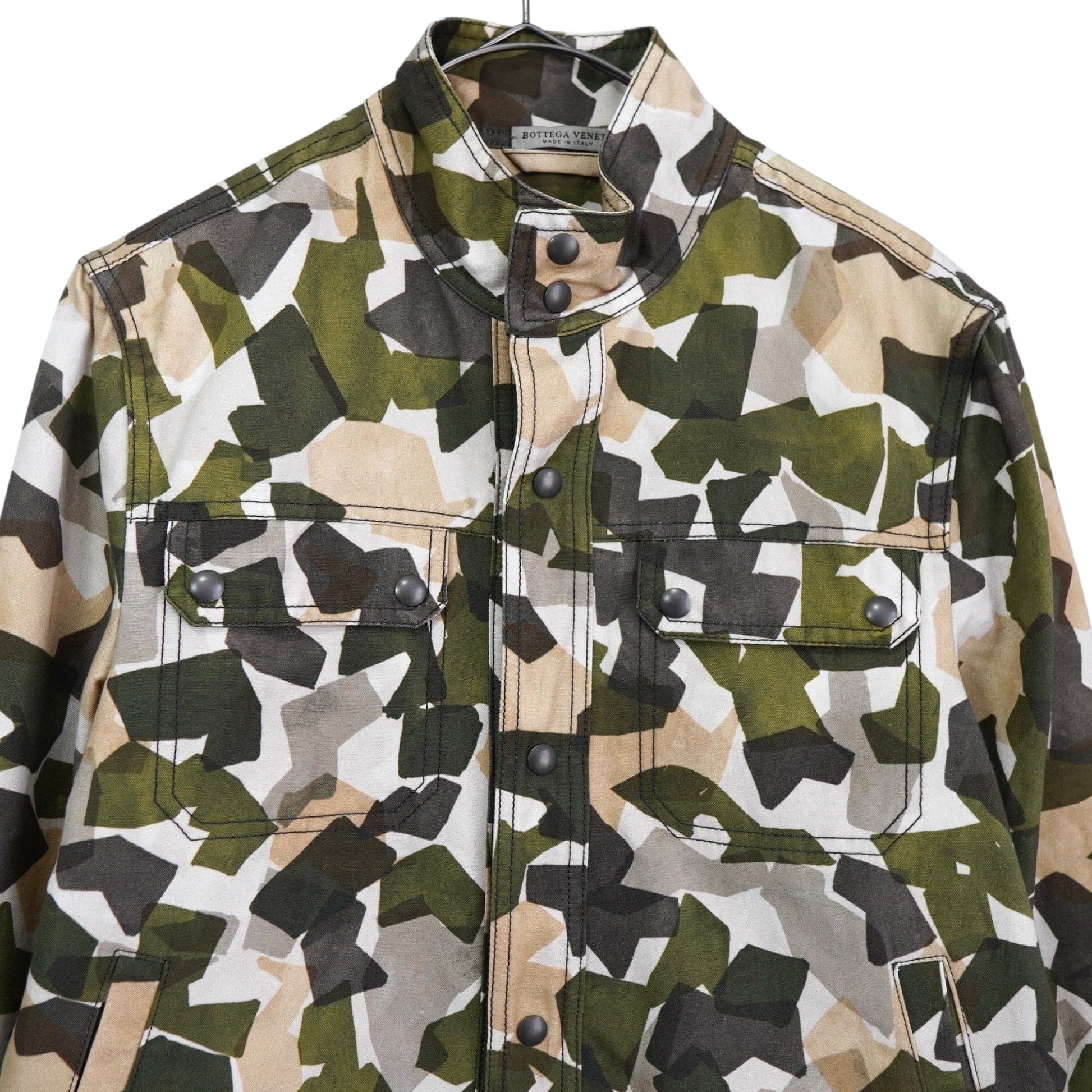 BOTTEGA VENETA Camouflage Stand Collar Cotton Jacket, Khaki/Beige, Size 46