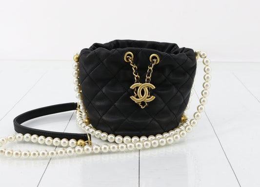 CHANEL Matelasse Black Faux Pearl Drawstring Shoulder Bag, No. 31