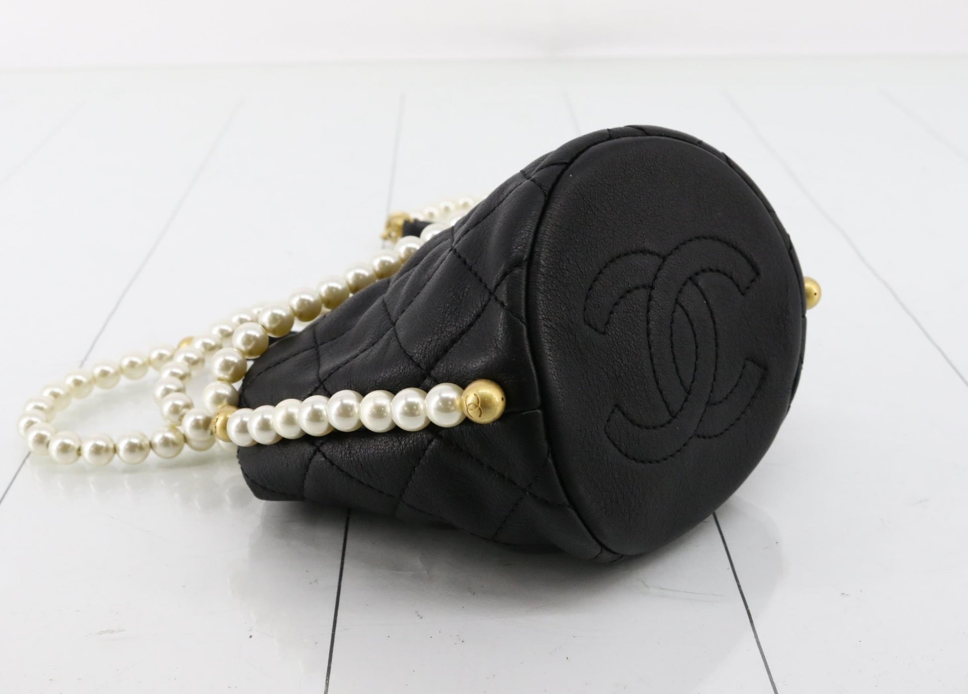 CHANEL Matelasse Black Faux Pearl Drawstring Shoulder Bag, No. 31