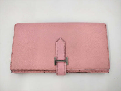 HERMES Bearn Soufflet Chevre Pink □R SV Hardware Wallet