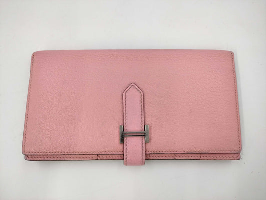 HERMES Bearn Soufflet Chevre Pink □R SV Hardware Wallet