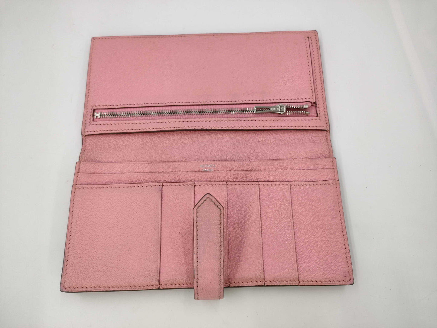 HERMES Bearn Soufflet Chevre Pink □R SV Hardware Wallet