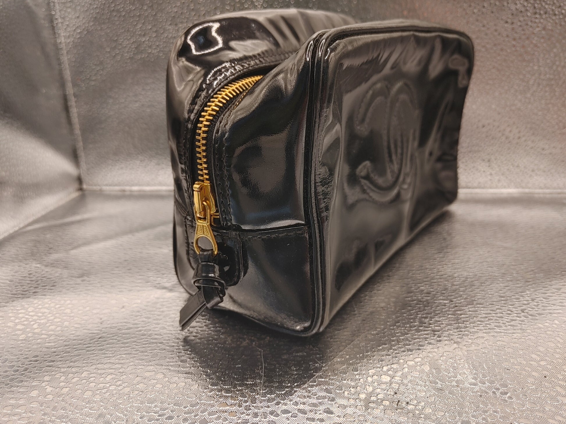 CHANEL Coco Mark Pouch Vanity Bag with Guarantee Card, Patent Leather, Black Vanity Bag