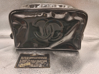 CHANEL Coco Mark Pouch Vanity Bag with Guarantee Card, Patent Leather, Black Vanity Bag