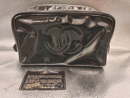 CHANEL Coco Mark Pouch Vanity Bag with Guarantee Card, Patent Leather, Black Vanity Bag