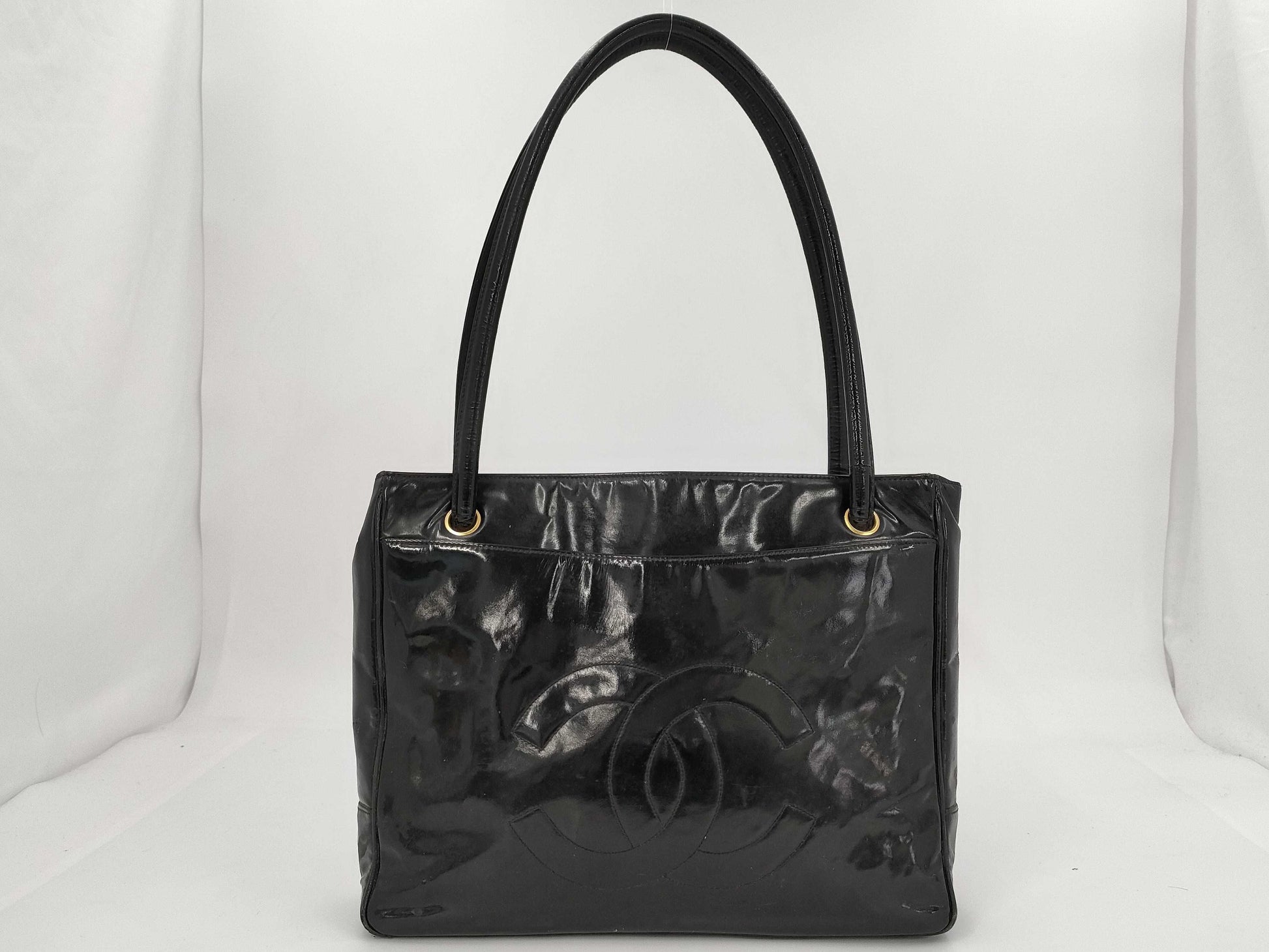 CHANEL Coco Mark Patent Leather Black Gold Hardware Tote Bag