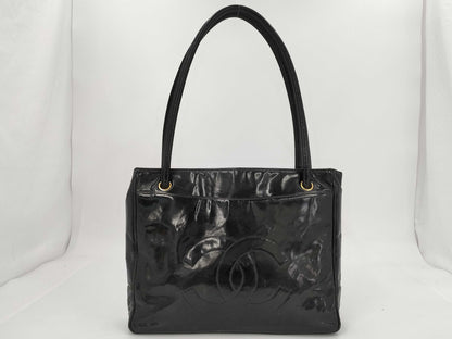 CHANEL Coco Mark Patent Leather Black Gold Hardware Tote Bag