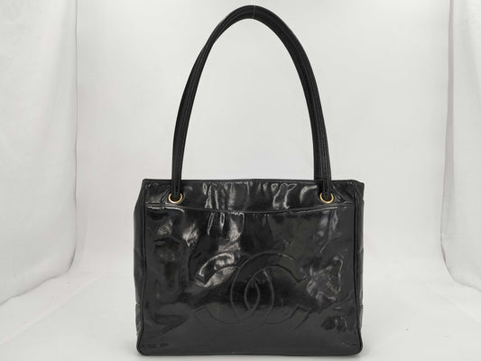 CHANEL Coco Mark Patent Leather Black Gold Hardware Tote Bag