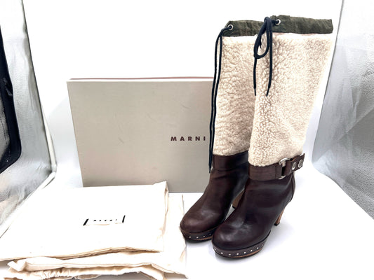 MARUNI Mouton Long Boots, Brown, Size 35, with Storage Bag and Box. Other Shoes.