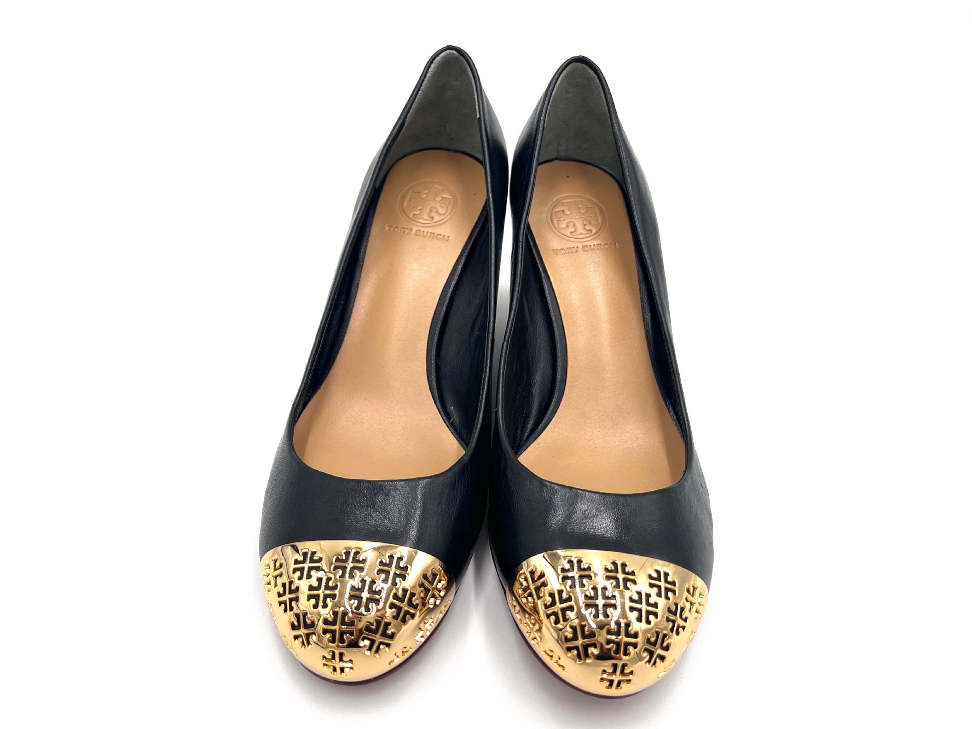 Tory Burch Wedge Pumps, Black and Gold, 6M