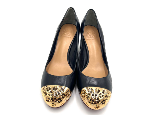 Tory Burch Wedge Pumps, Black and Gold, 6M