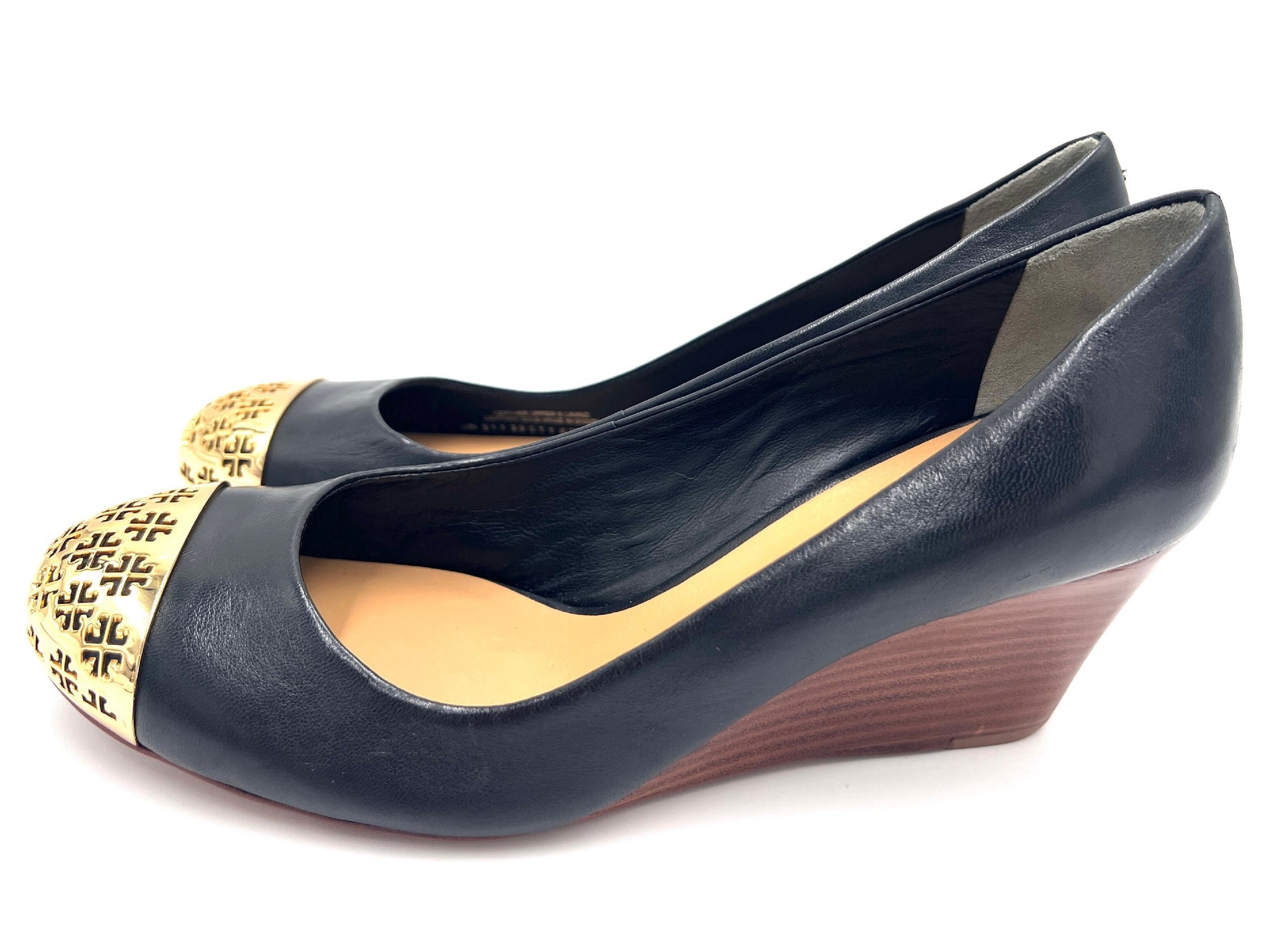 Tory Burch Wedge Pumps, Black and Gold, 6M