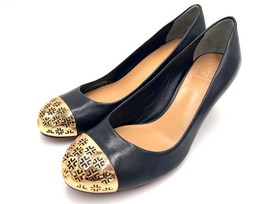 Tory Burch Wedge Pumps, Black and Gold, 6M