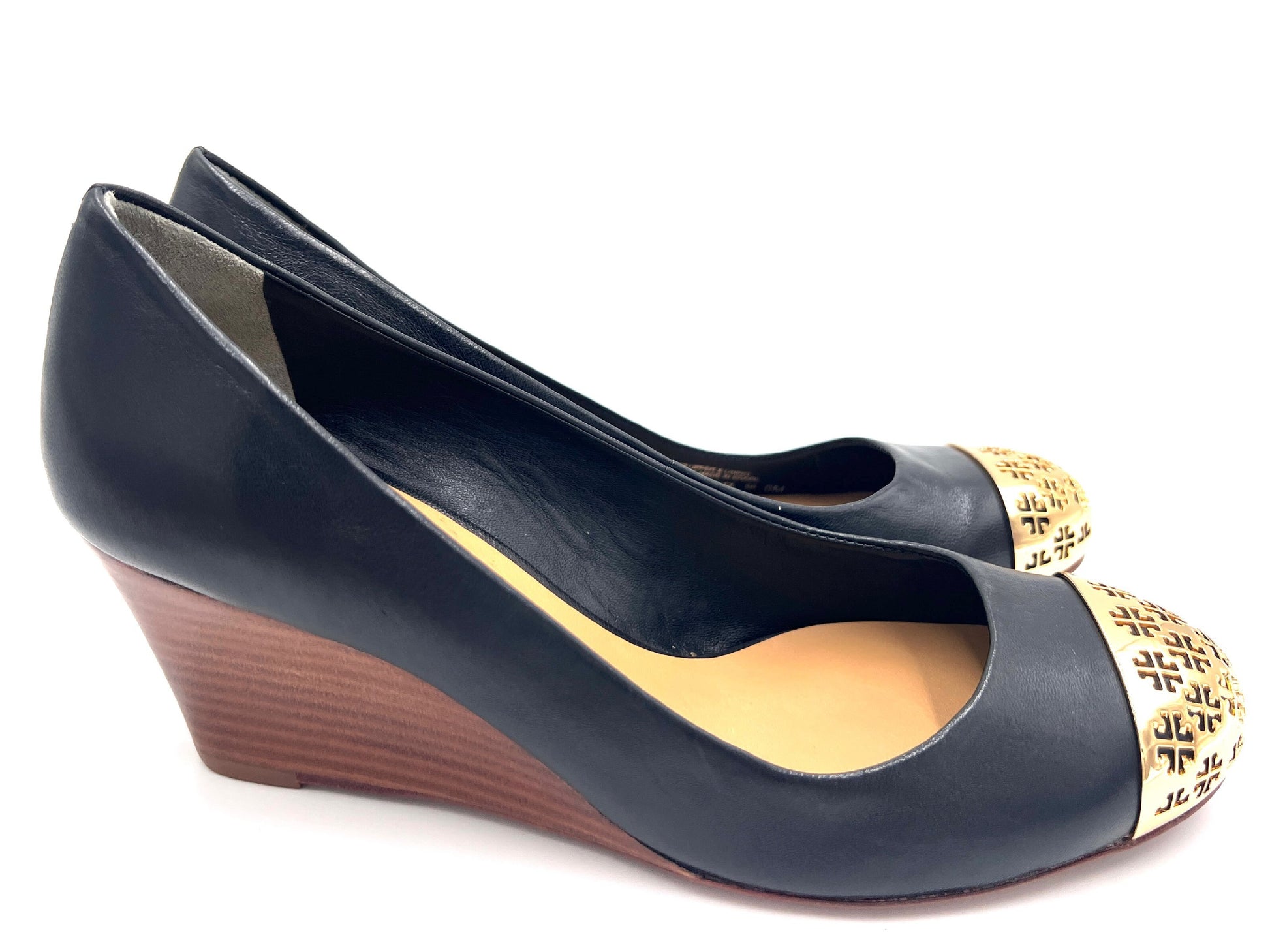 Tory Burch Wedge Pumps, Black and Gold, 6M