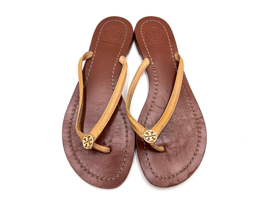 Tory Burch Gold Logo Thong Sandals, Brown, 6M