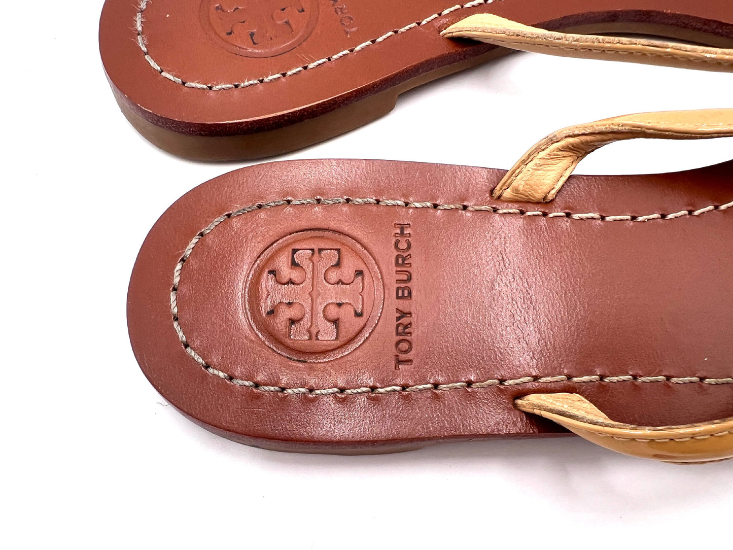 Tory Burch Gold Logo Thong Sandals, Brown, 6M