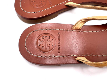 Tory Burch Gold Logo Thong Sandals, Brown, 6M